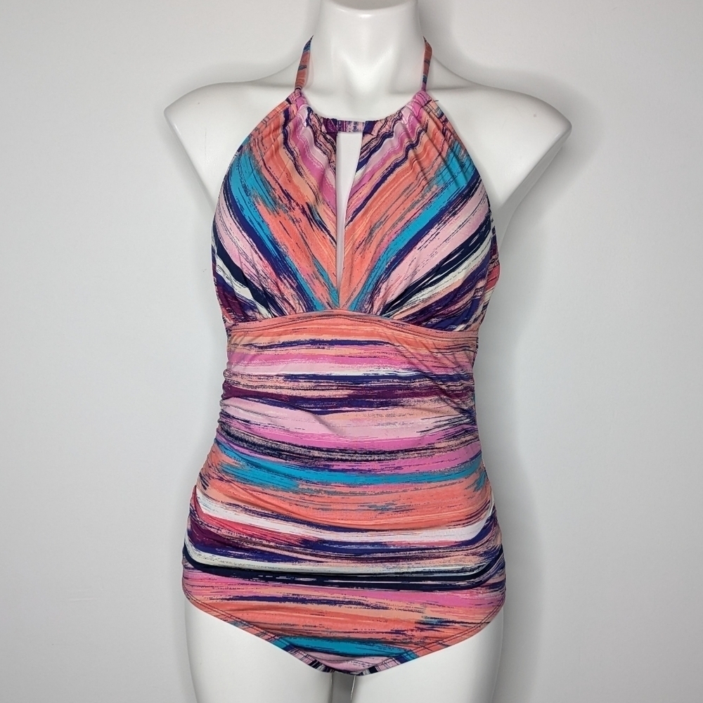 Liz Claiborne Pink Purple Blue One Piece Tie Neck Halter Swimsuit 12